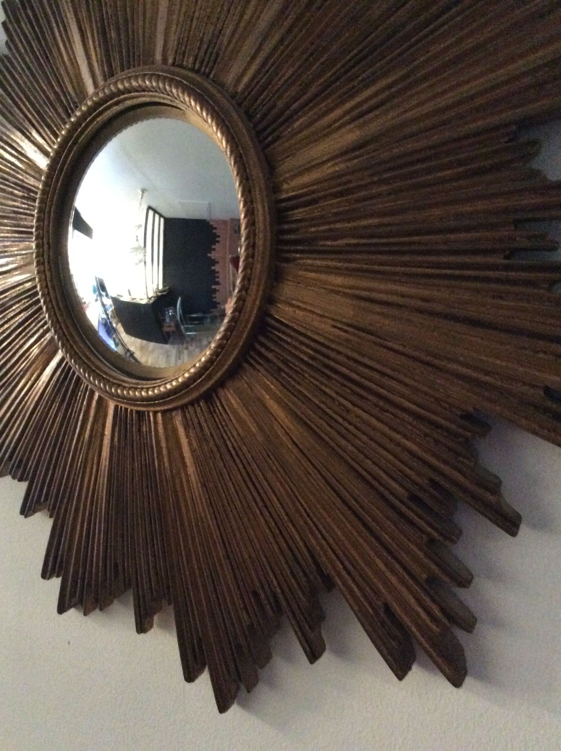 Golden wooden witch eye sun mirror, 60s