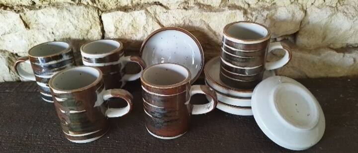 5 vintage stoneware coffee cups