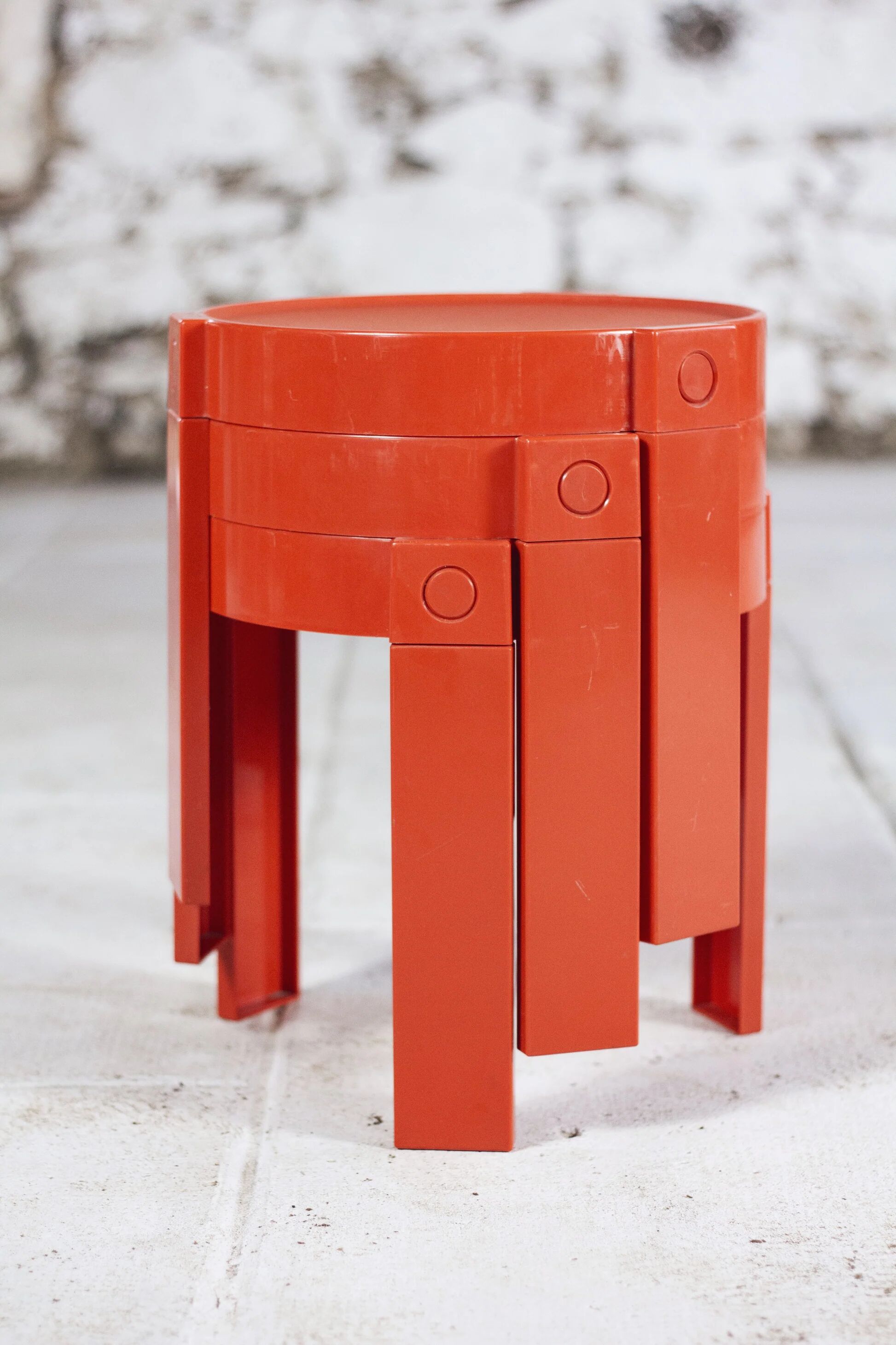 3 nesting tables in orange plastic by Prisunic, 1970.