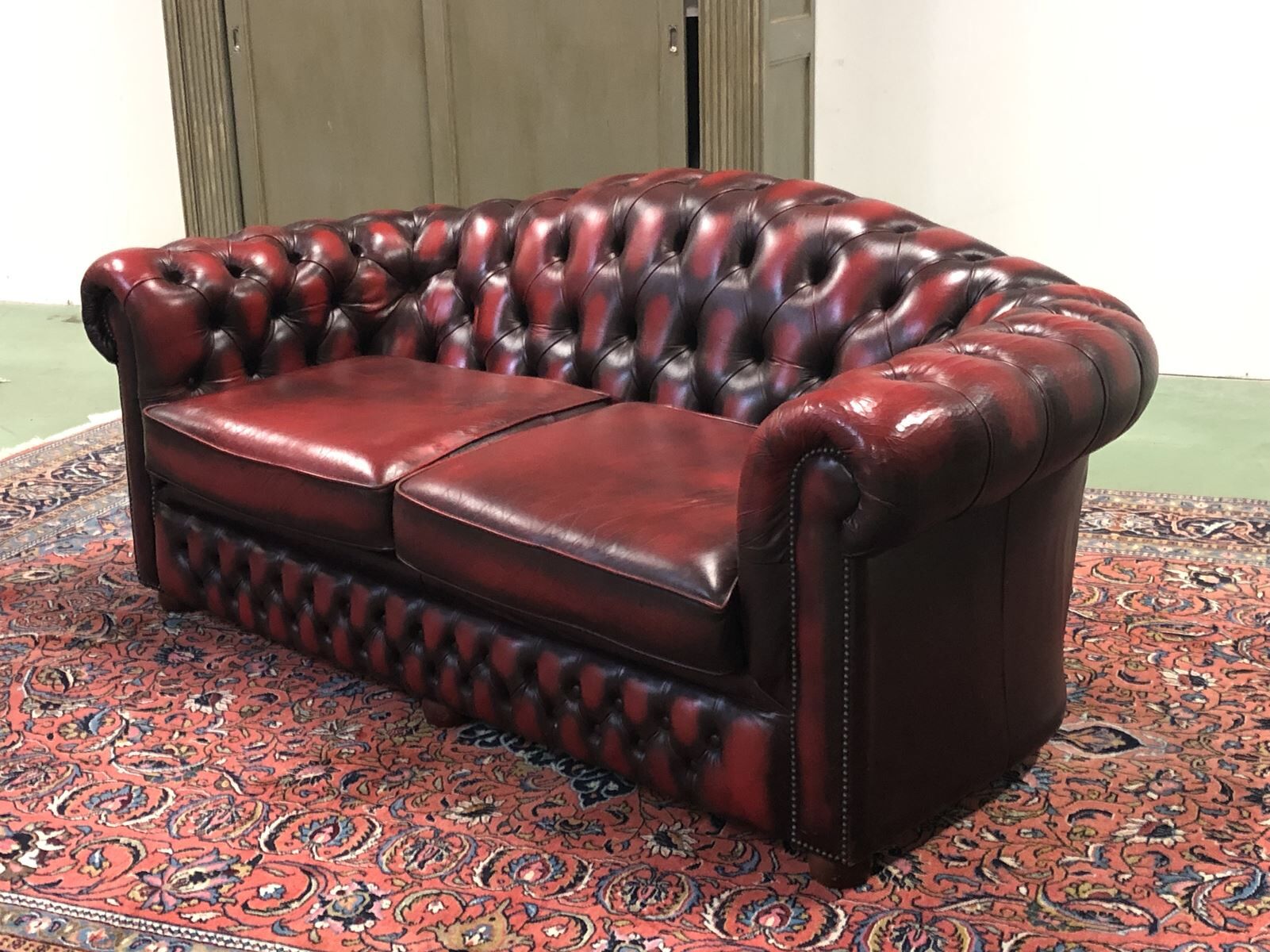 Red leather Chesterfield sofa - 70s