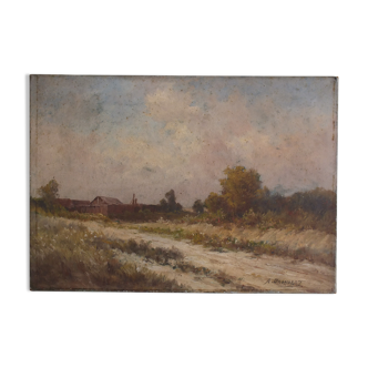 Alexandre Dronsart (1890-1953) peinture paysage Chemin de bord de ferme