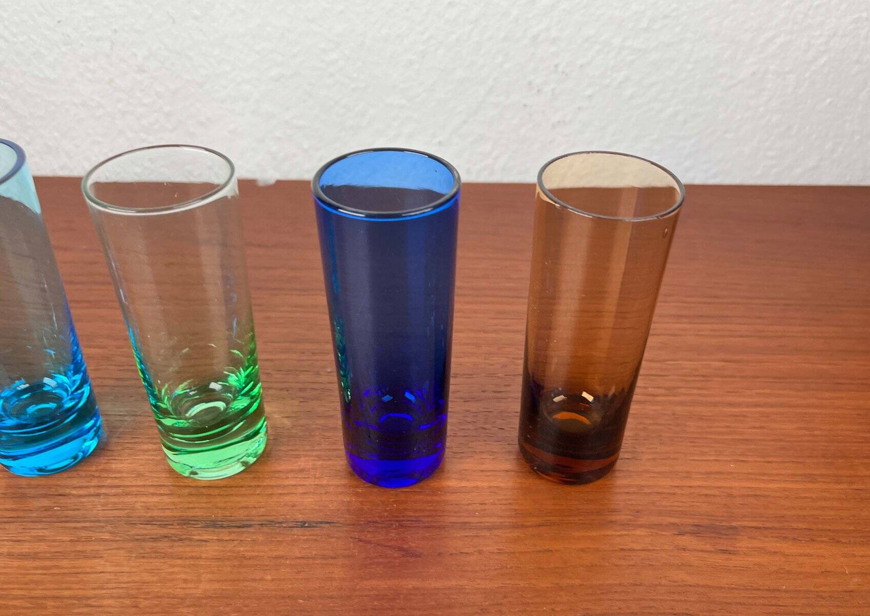 Coloured German shot glasses from the mid-century, 1960s, set of 6.