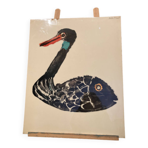 Affiche ''tiré à part'' signée André François représentant un canard poisson