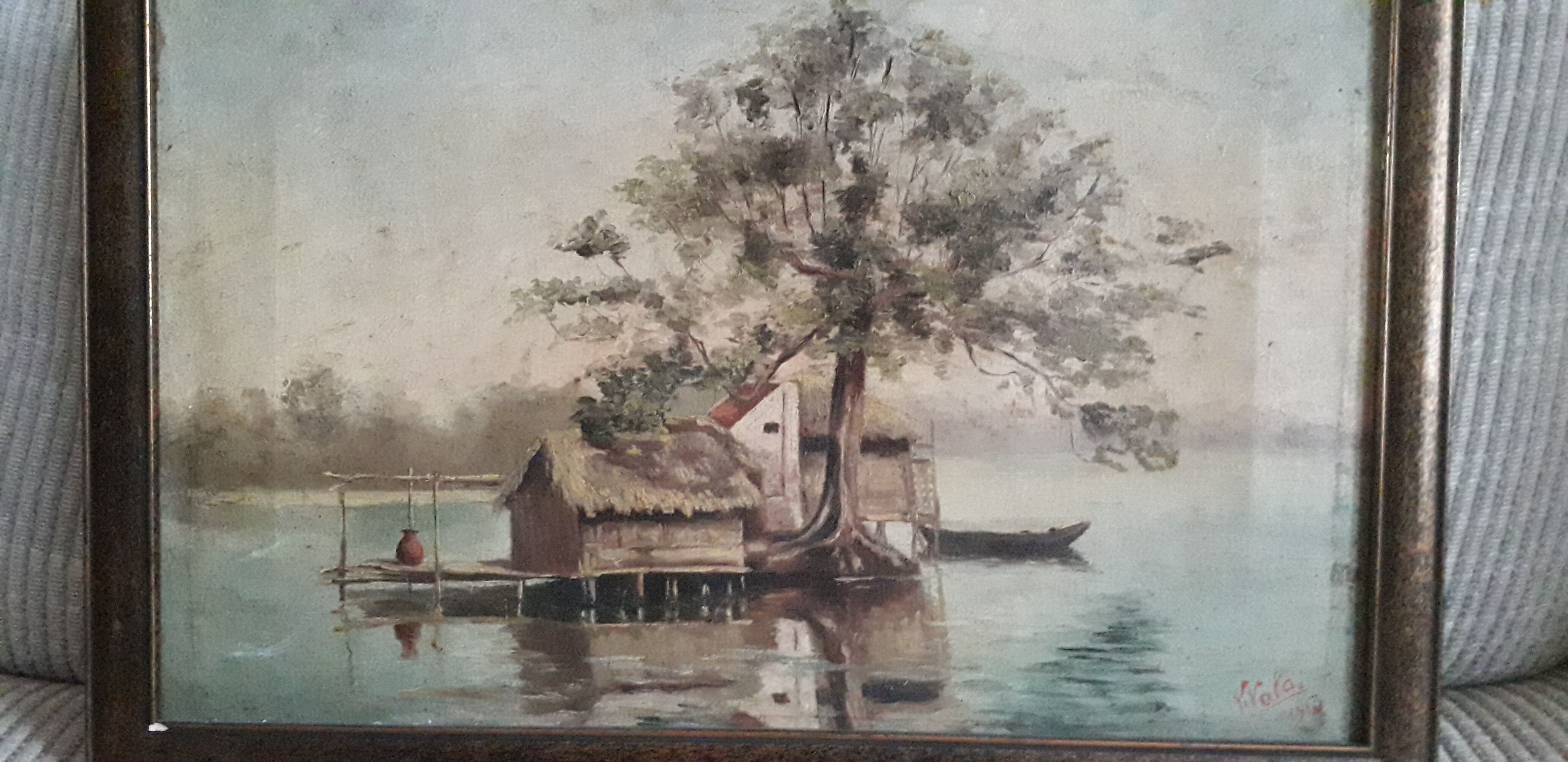 Old oil painting depicting a lake landscape