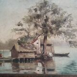 Tableau ancien à l'huile représentant un paysage lacustre