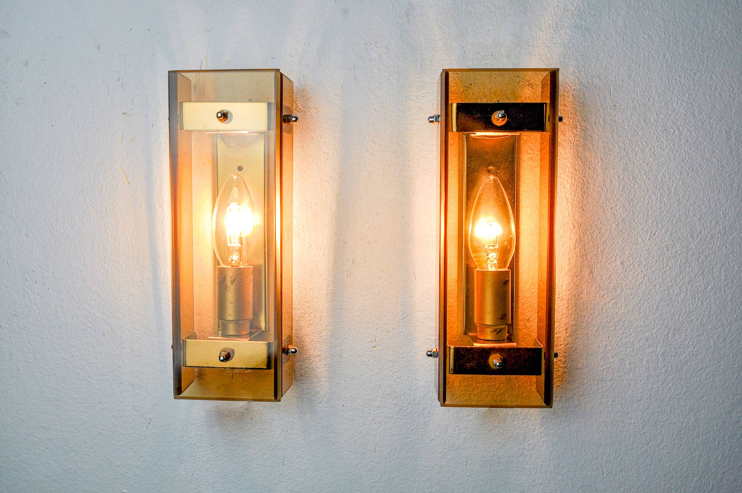 Pair of brown Veca wall lights, beveled glass, Italy 1970