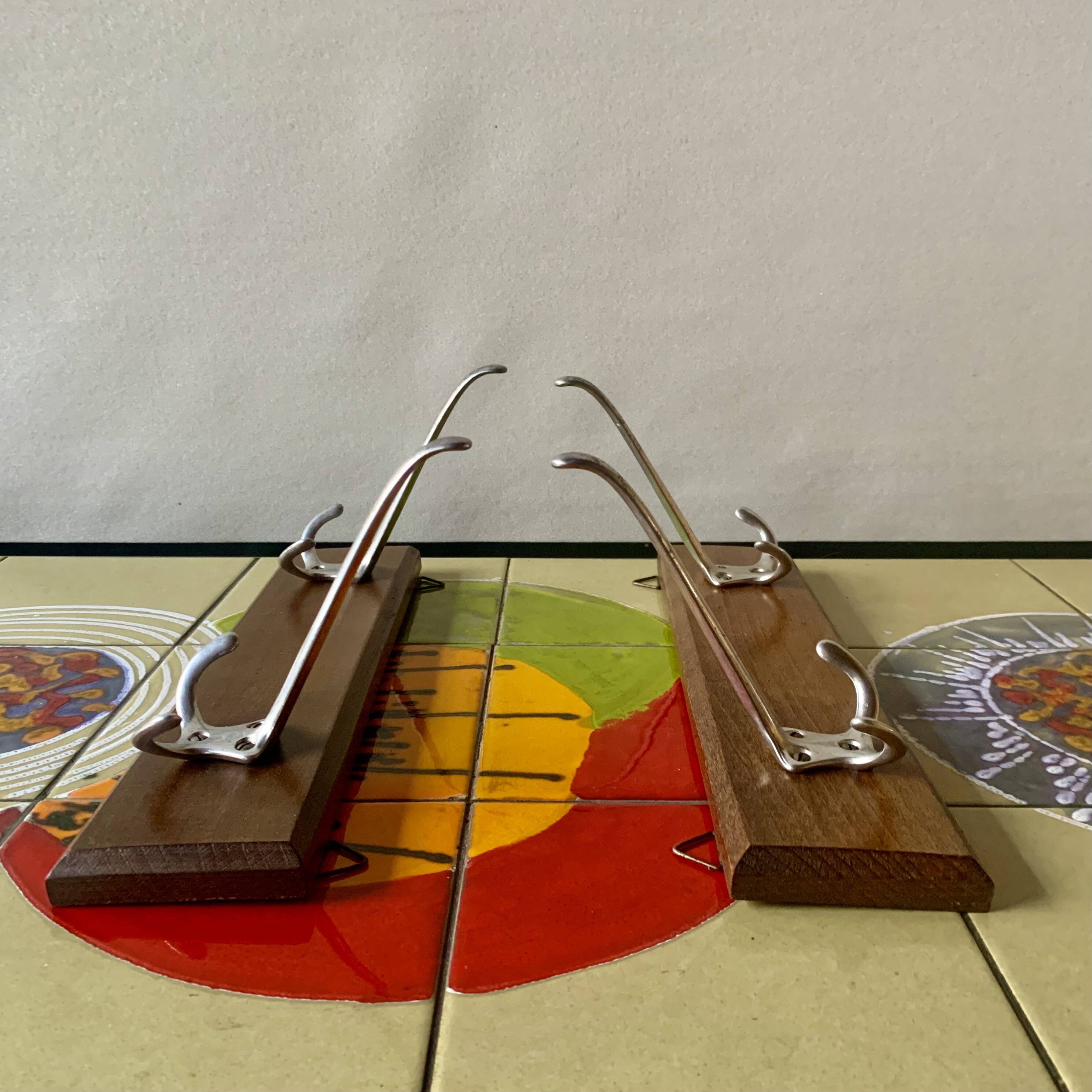 Pair of vintage wooden wall coat racks - double coat hook