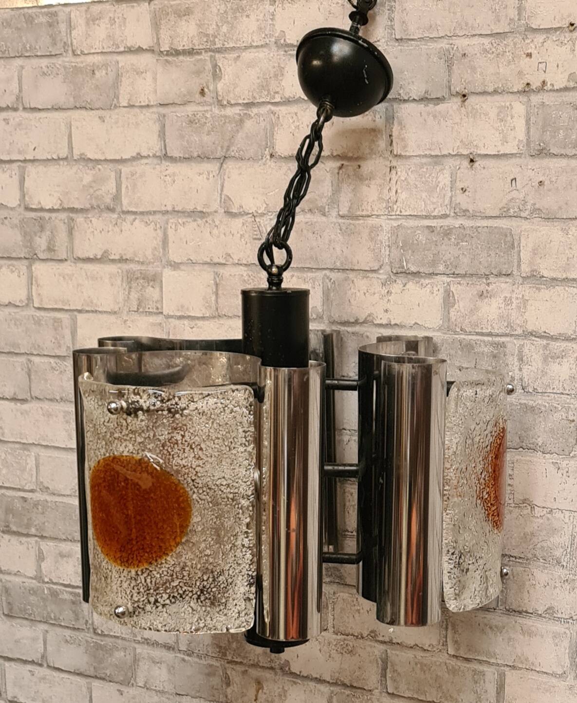 Murano chandelier 1970, Mazzaga chain 55x32x40 chrome and glass