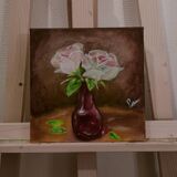 Huile sur toile fleurs dans un vase rouge