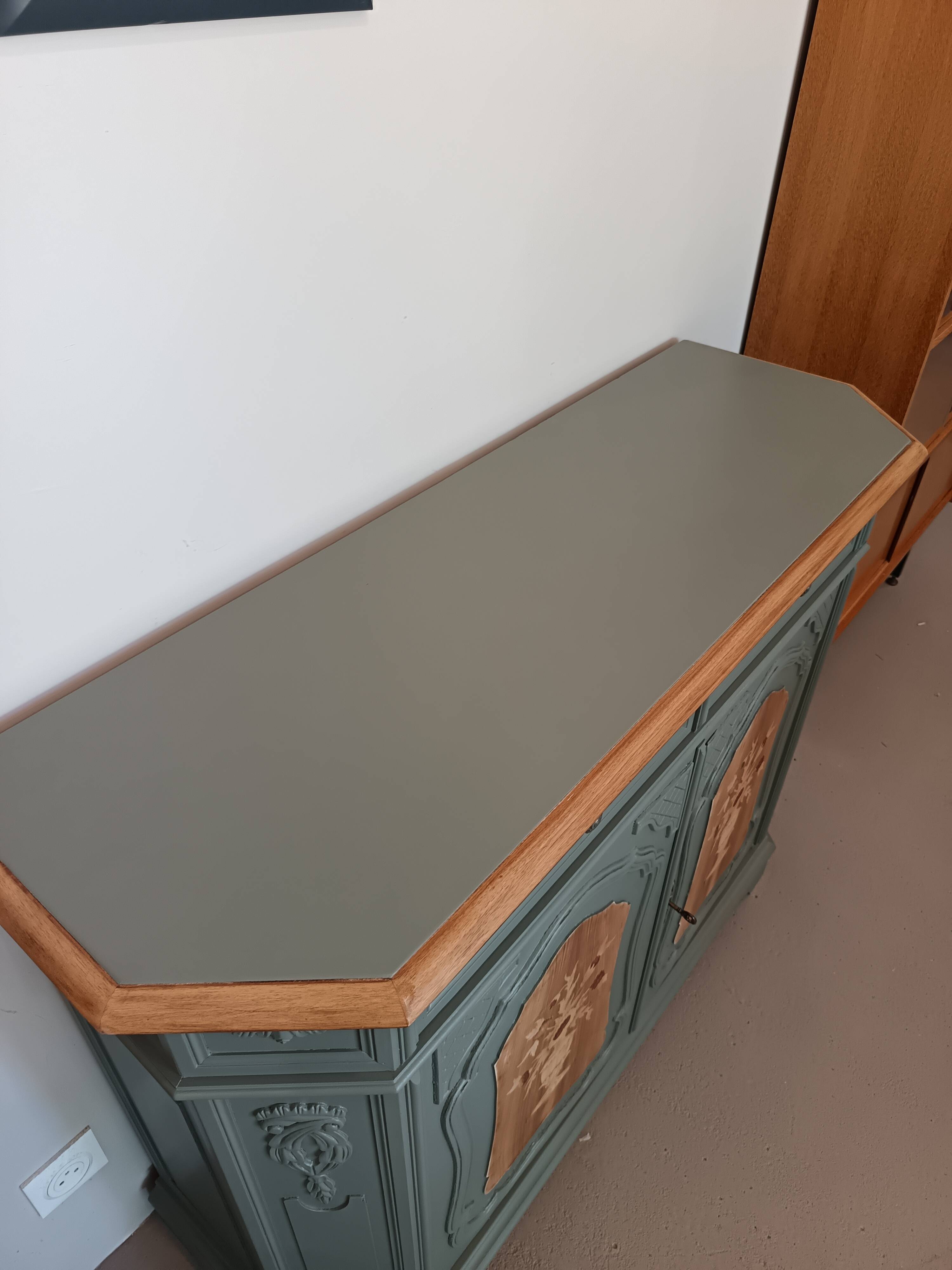 GREEN BRONZE AND WOOD BUFFET WITH MARQUETRY