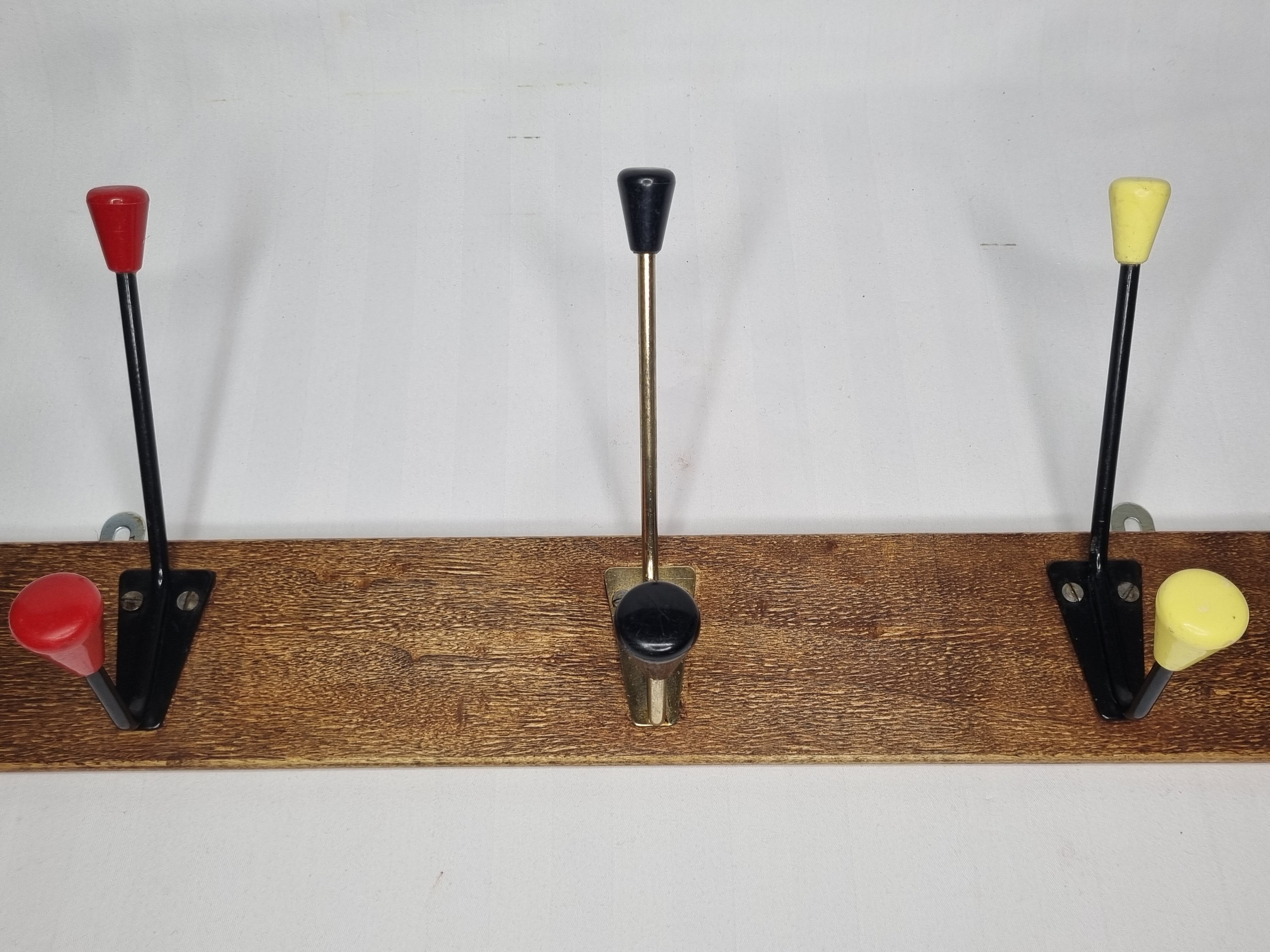 Vintage coat rack, three double tricolor hooks, 50-60s, 53 cm