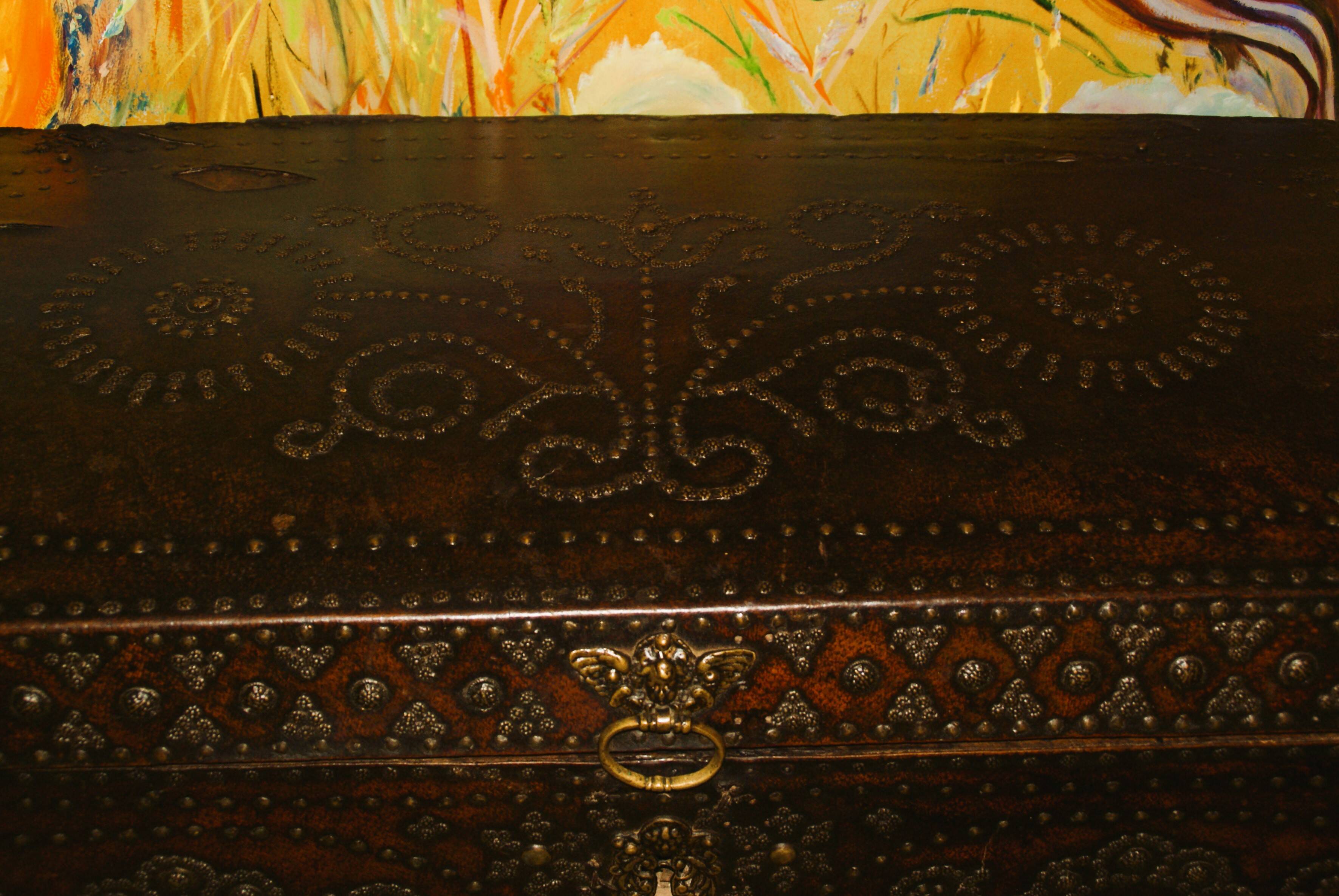 17th century studded leather travel trunk, richly decorated