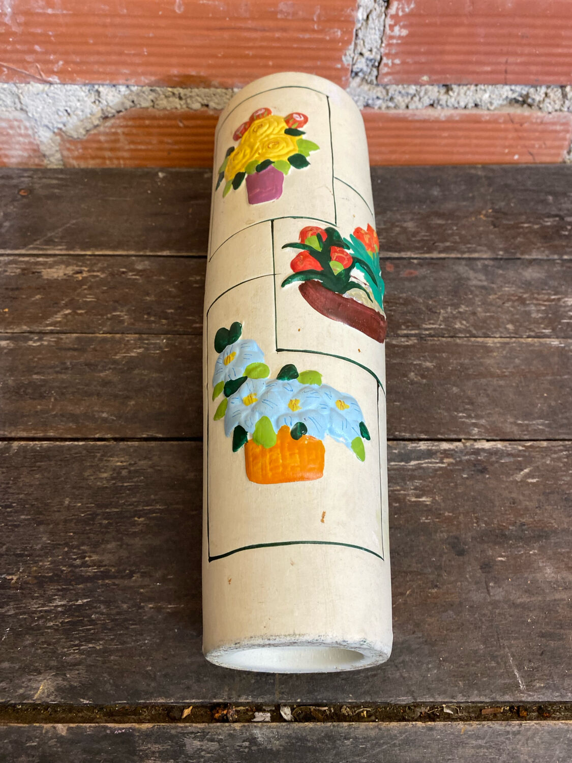 Old Rolled Vase Beige Ceramic Polychrome Flower Decor Vintage #D