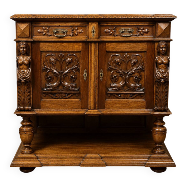 Meuble d’apparat richement sculpté – Plateau ouvrant sur marbre blanc