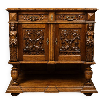 Meuble d’apparat richement sculpté – Plateau ouvrant sur marbre blanc