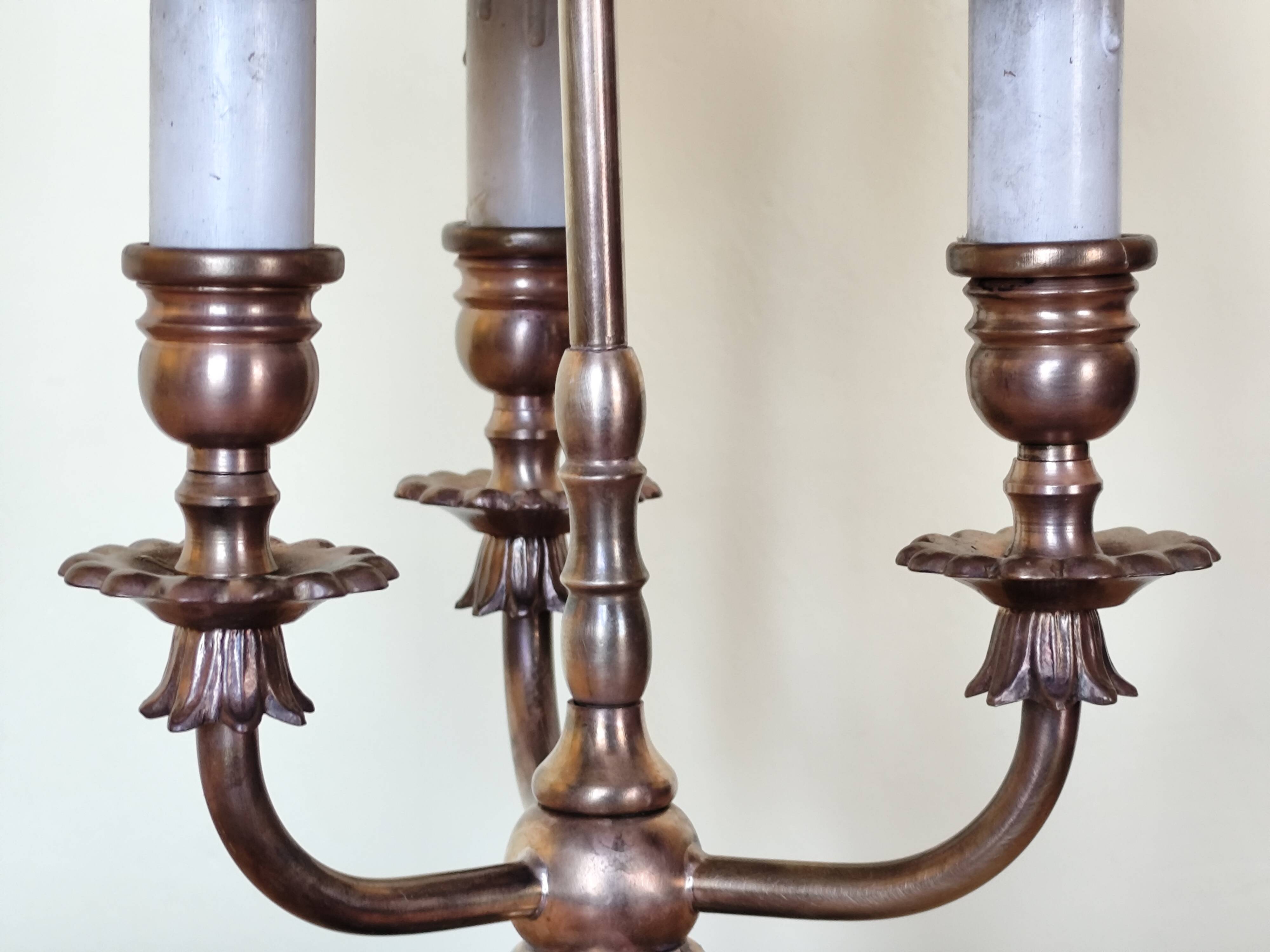 three-light candelabra lamp in metal and gilded brass, bouillotte lamp