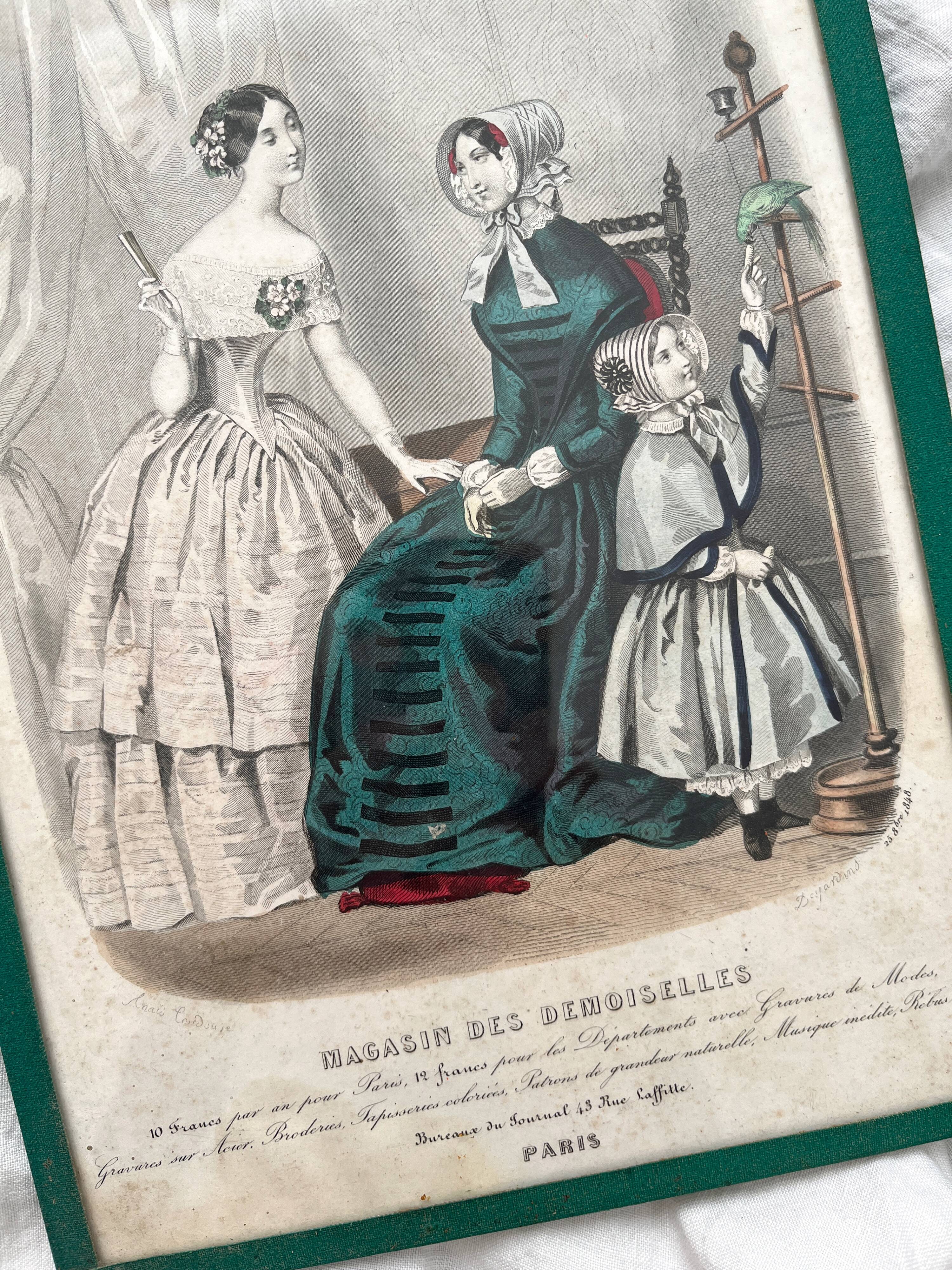 2 lithographs, antique fashion illustrations, under glass, 19th century