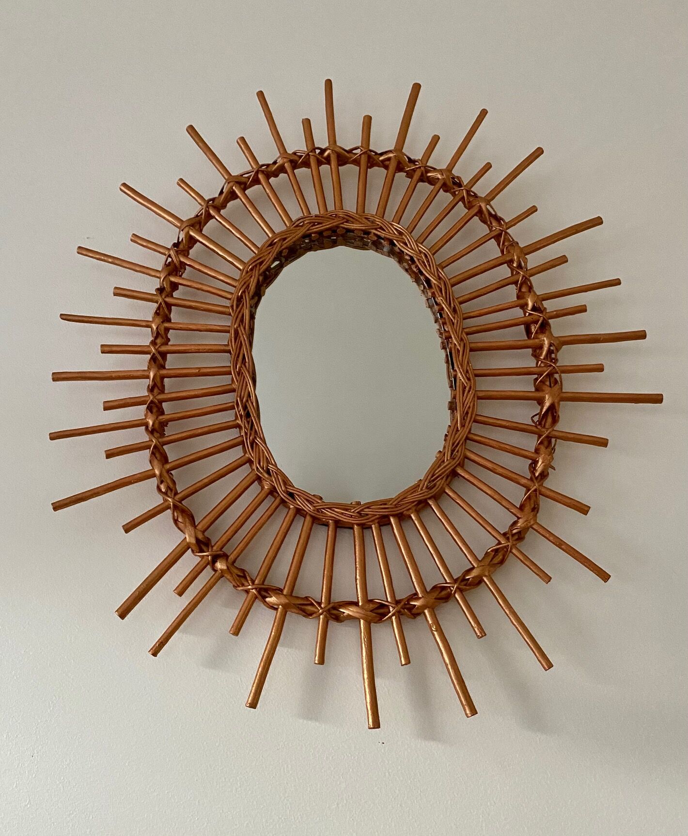 Miroir soleil rotin vintage 26x61cm