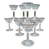 11 bottle-bottom bistro glasses with silver edging, early 20th century