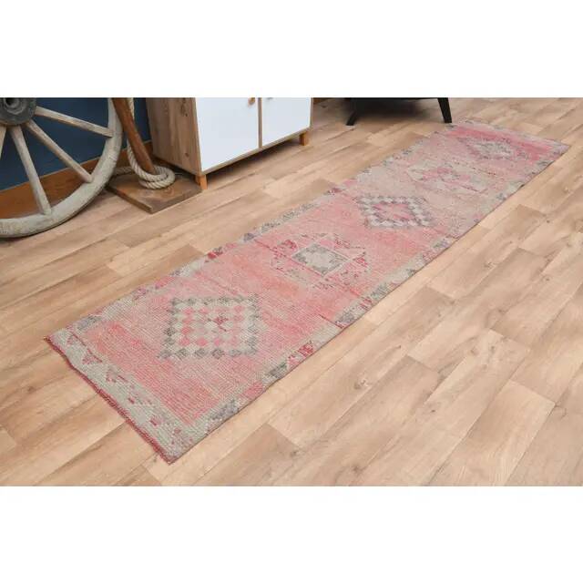 Pink Turkish Vintage Handmade Woven Wool Oushak Runner Rug 78x330