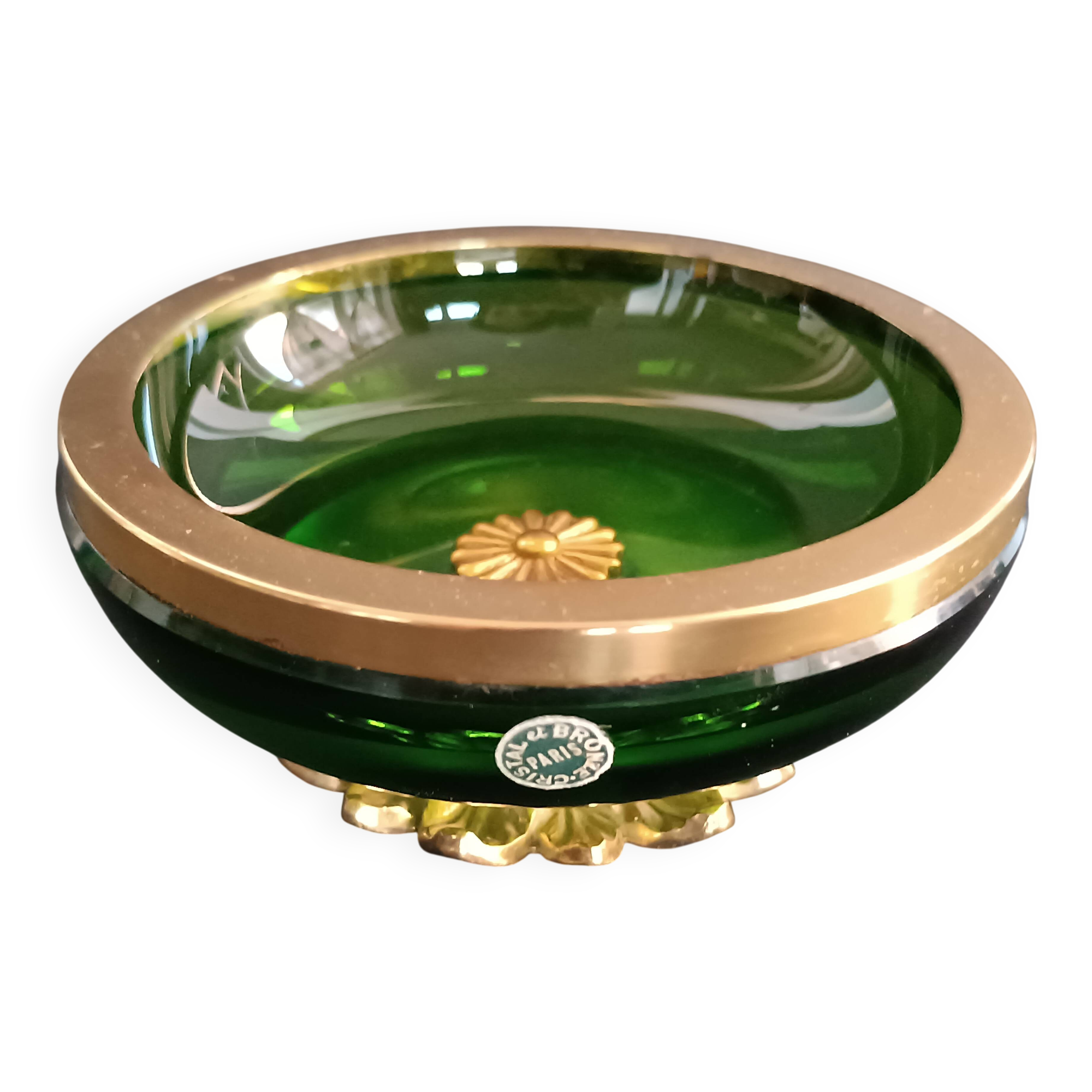 Green crystal and gilt brass bowl by Cristal & Bronze Paris