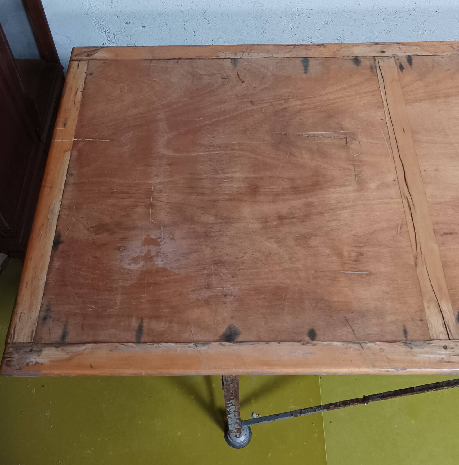 Large industrial table made of metal and beech.