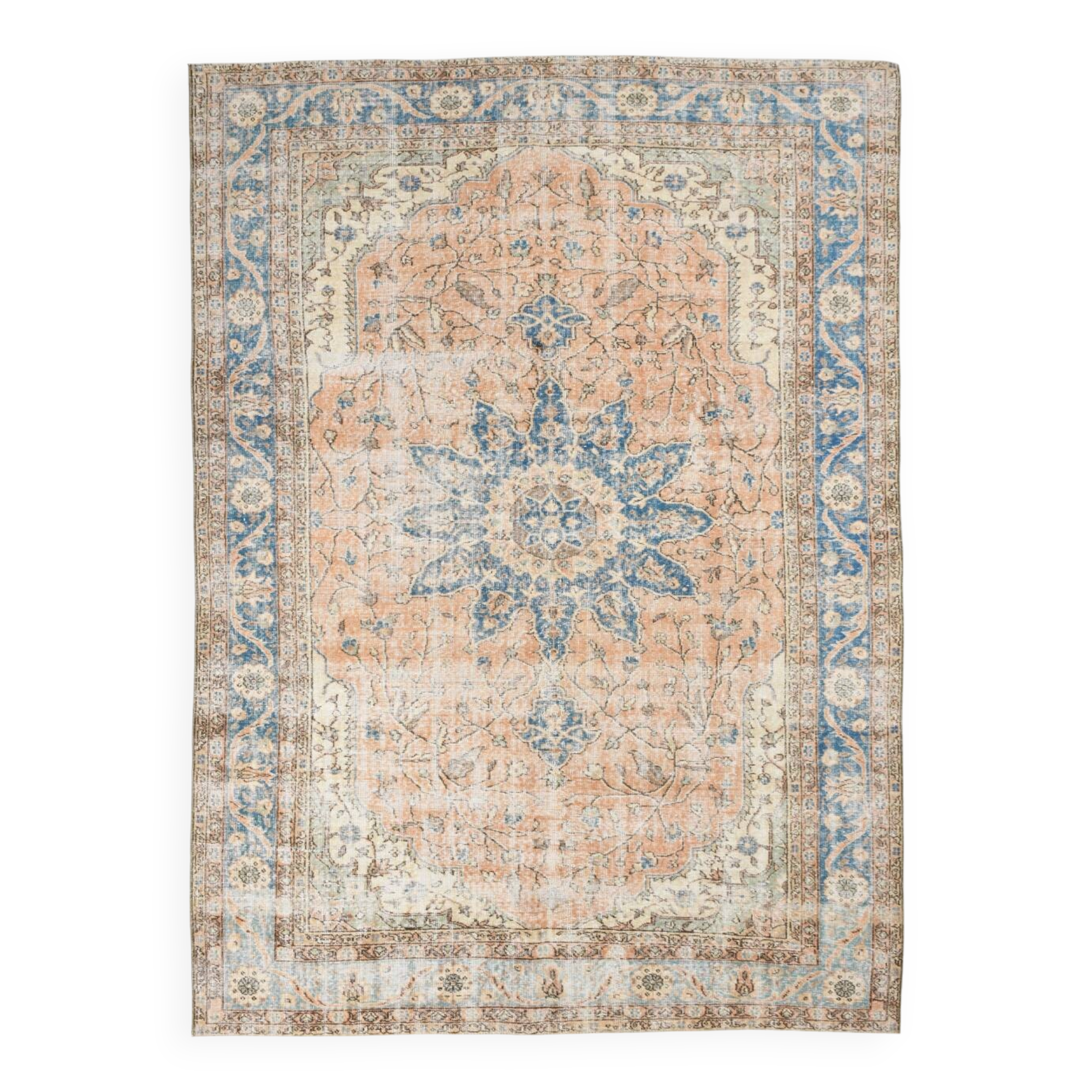 7x10 Turkish Blue & Peach Handmade Persian Rug, 220x304Cm