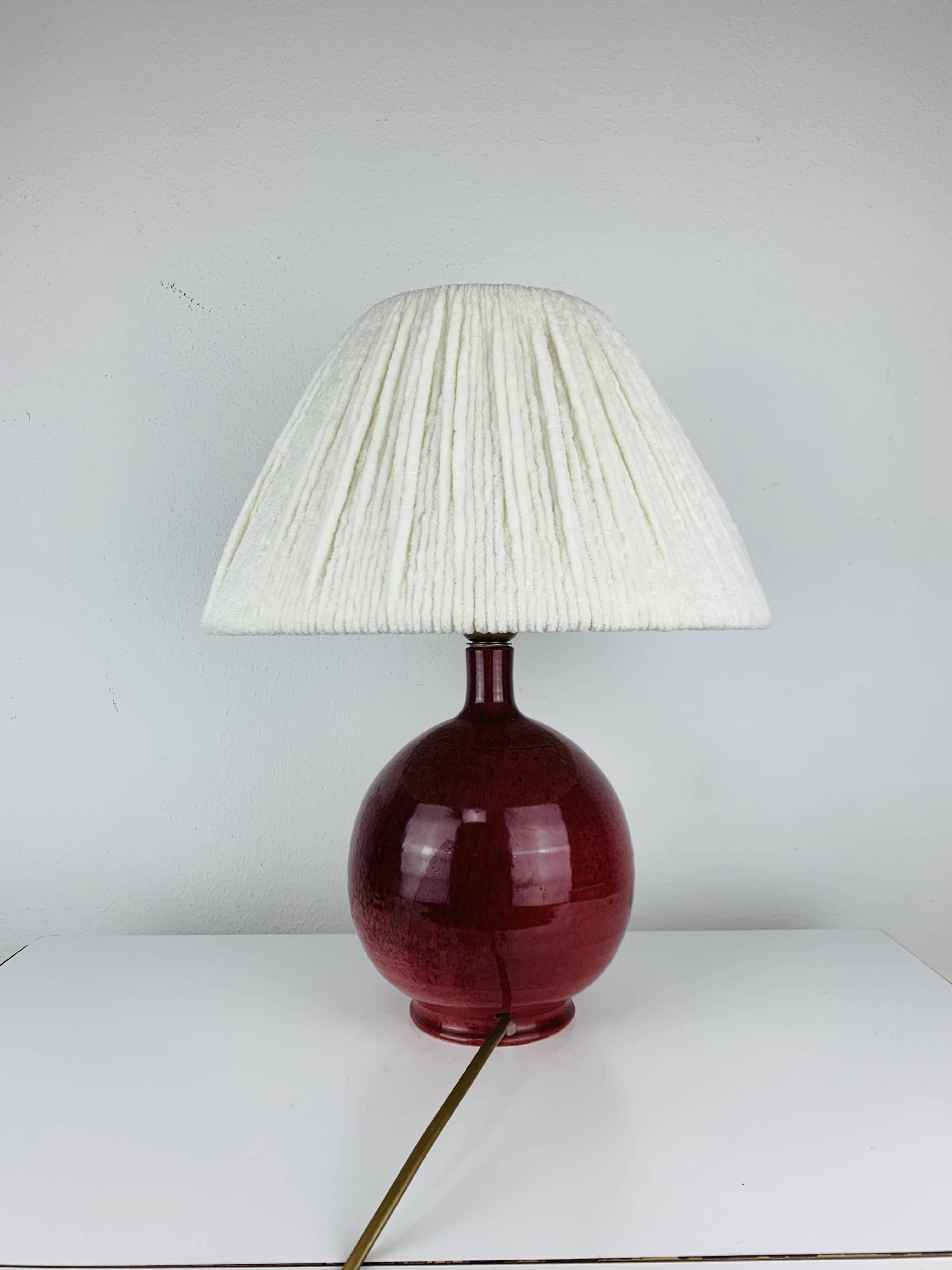 Purple ceramic ball lamp with wool shade, vintage.