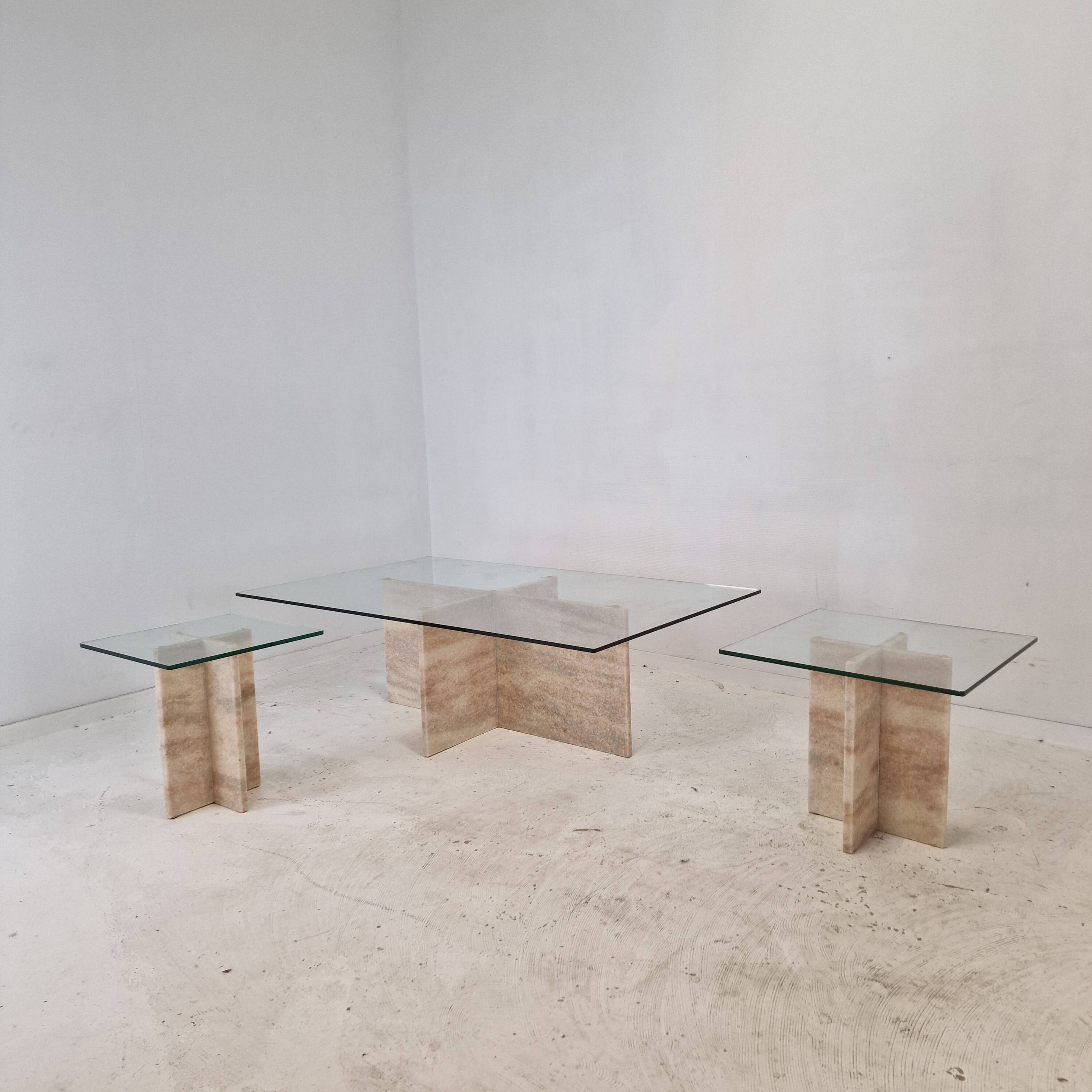 Set of 3 Italian Marble Coffee or Side Tables with Glass, 1980s