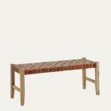 Wooden and woven leather bench, 80 cm