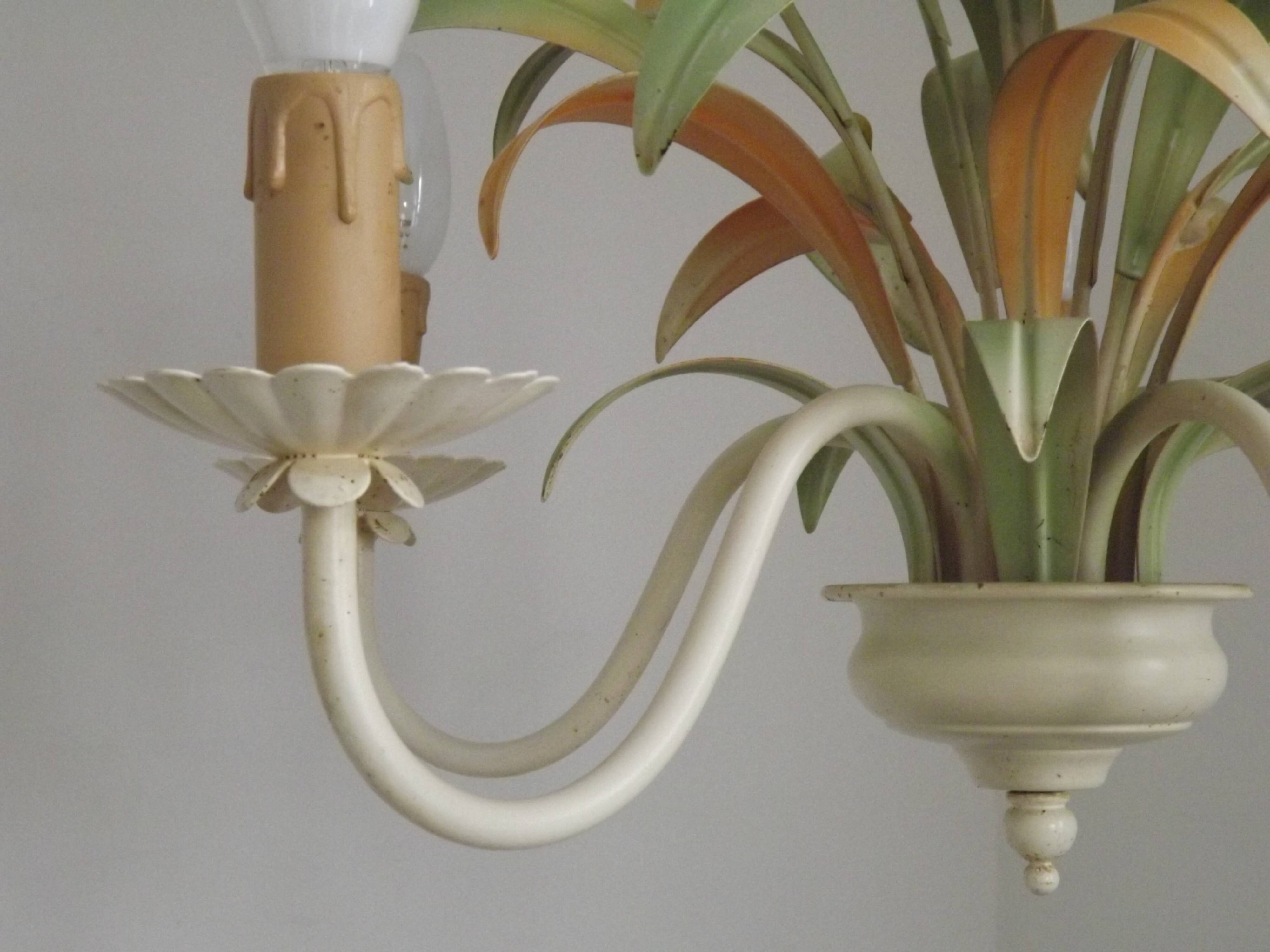 French Vintage Cream 5 Light Metal Chandelier Green and Peach Leaves