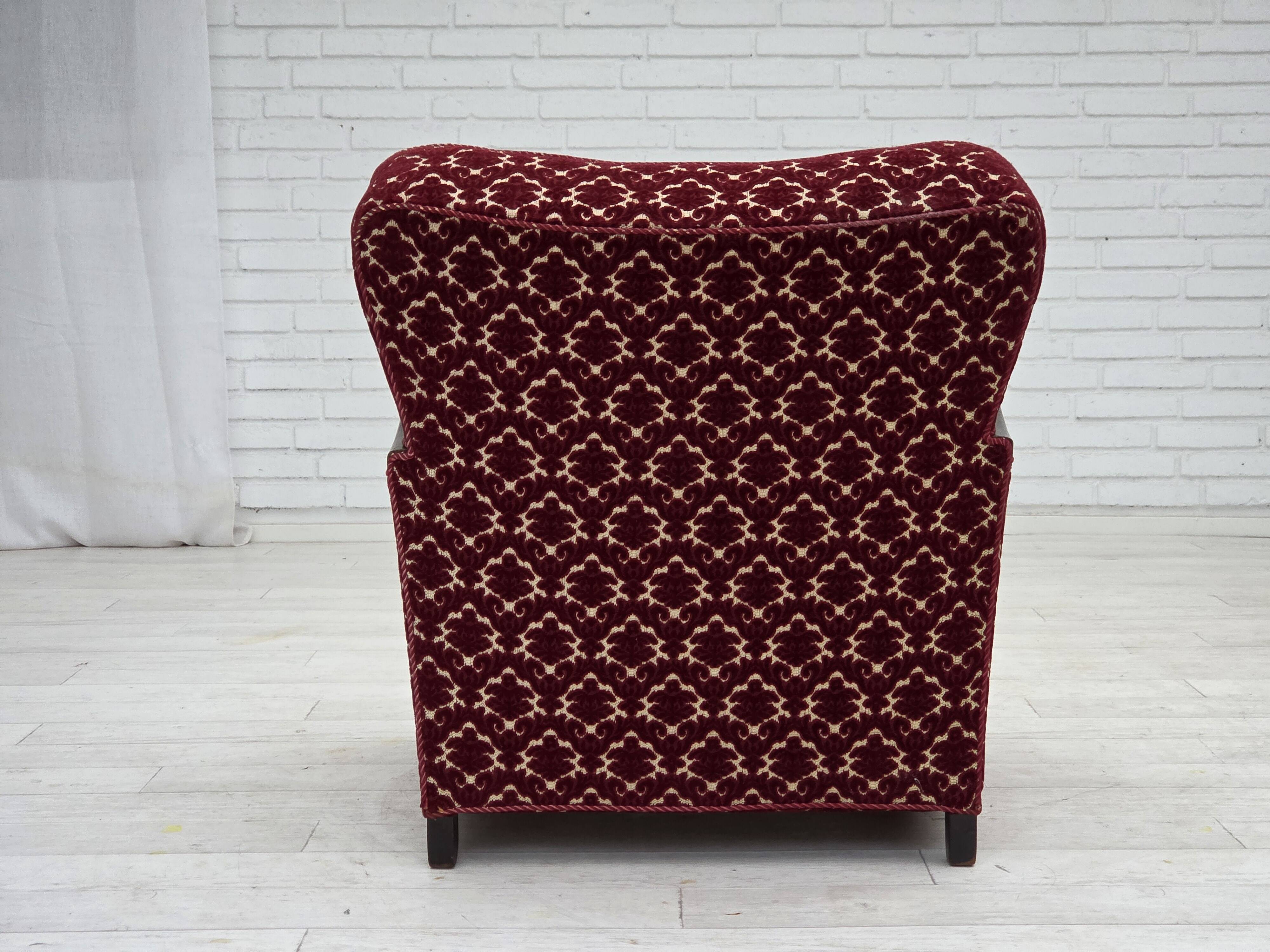 1960s, Danish armchair, cherry-red furniture velour, oak wood.