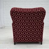 1960s, Danish armchair, cherry-red furniture velour, oak wood.