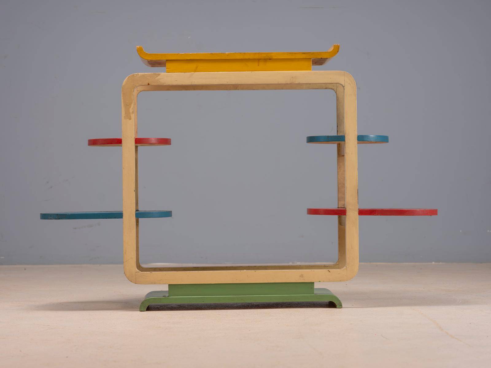 Vintage multicolour tubular steel flower stand / plant stand, mid-20th century, Czechoslovakia, 71 × 50 × 103 cm