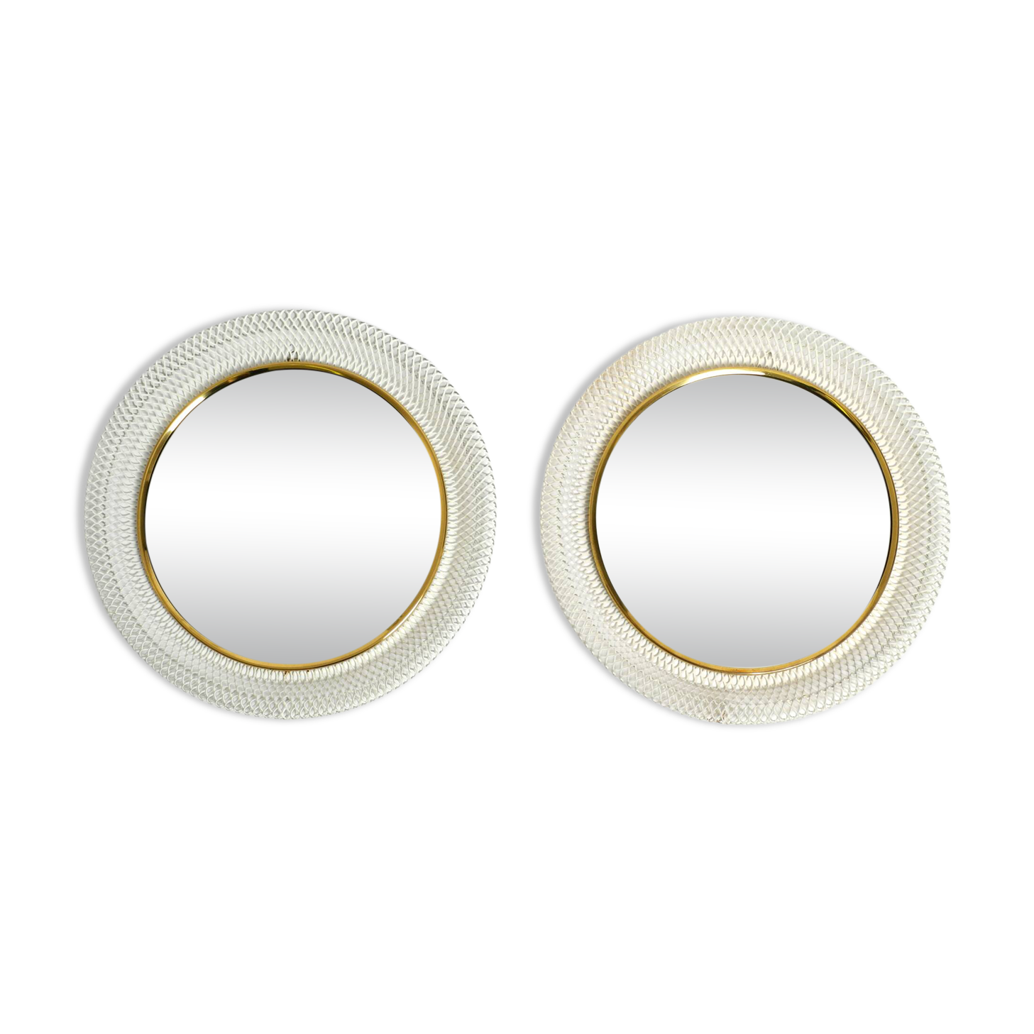 Pair of Mid Century wall mirrors with brass rim and white metal frames