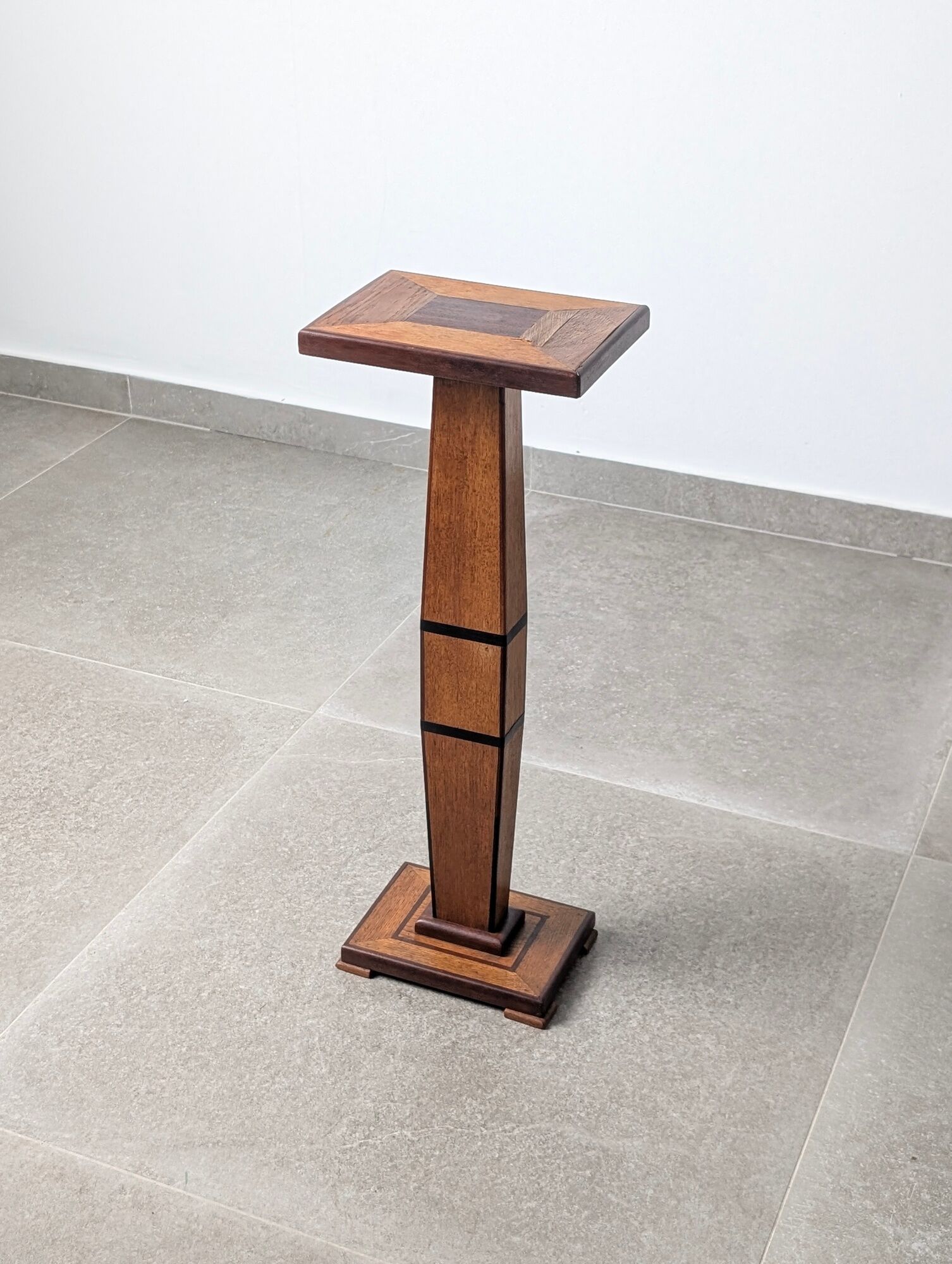 Art Deco pedestal column in wood with geometric marquetry, France, 1920s