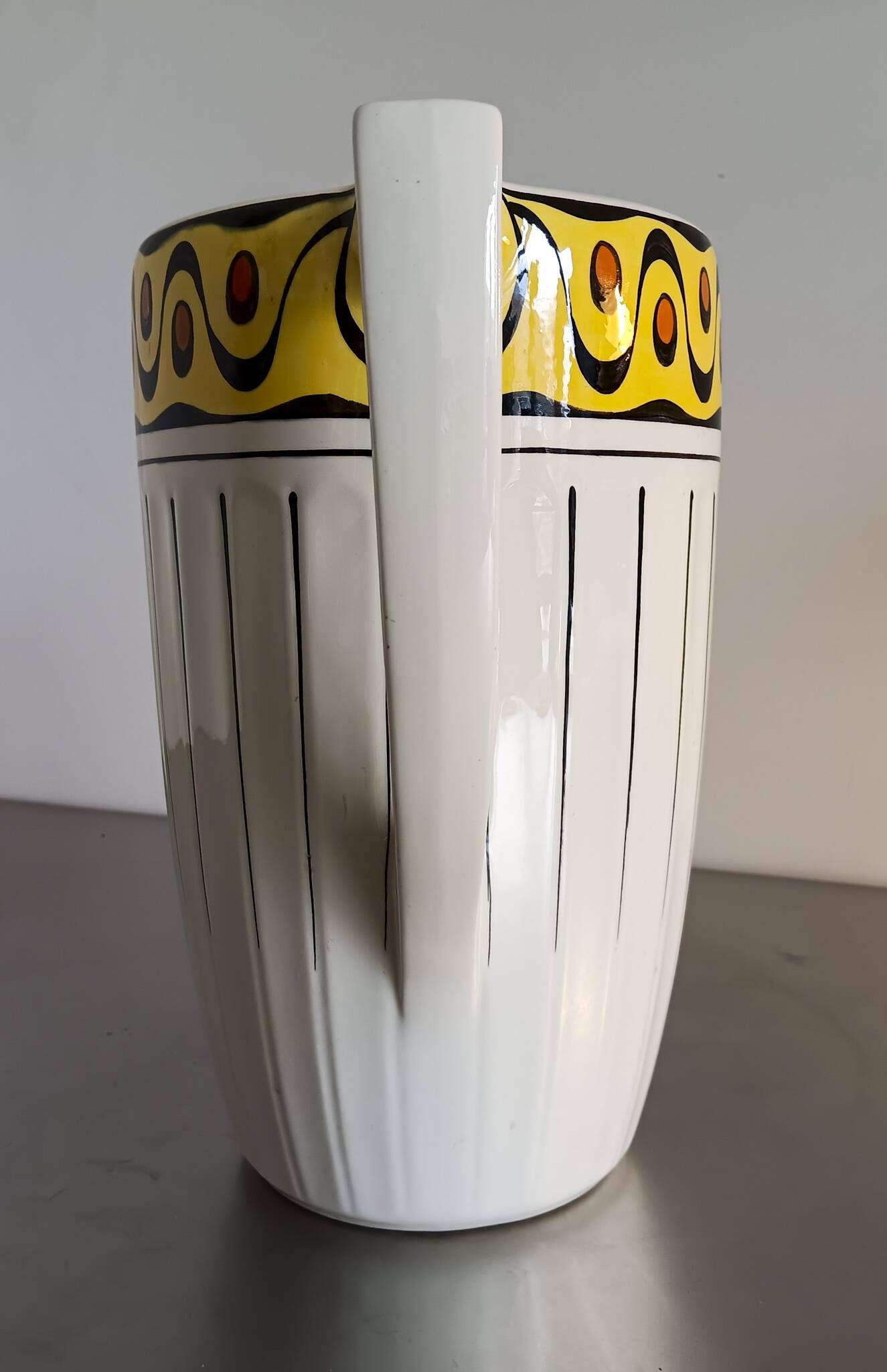 1 very large BFK (Boch Frères Keramis) Ambra 801 L jug. White, black lines and decorated band
