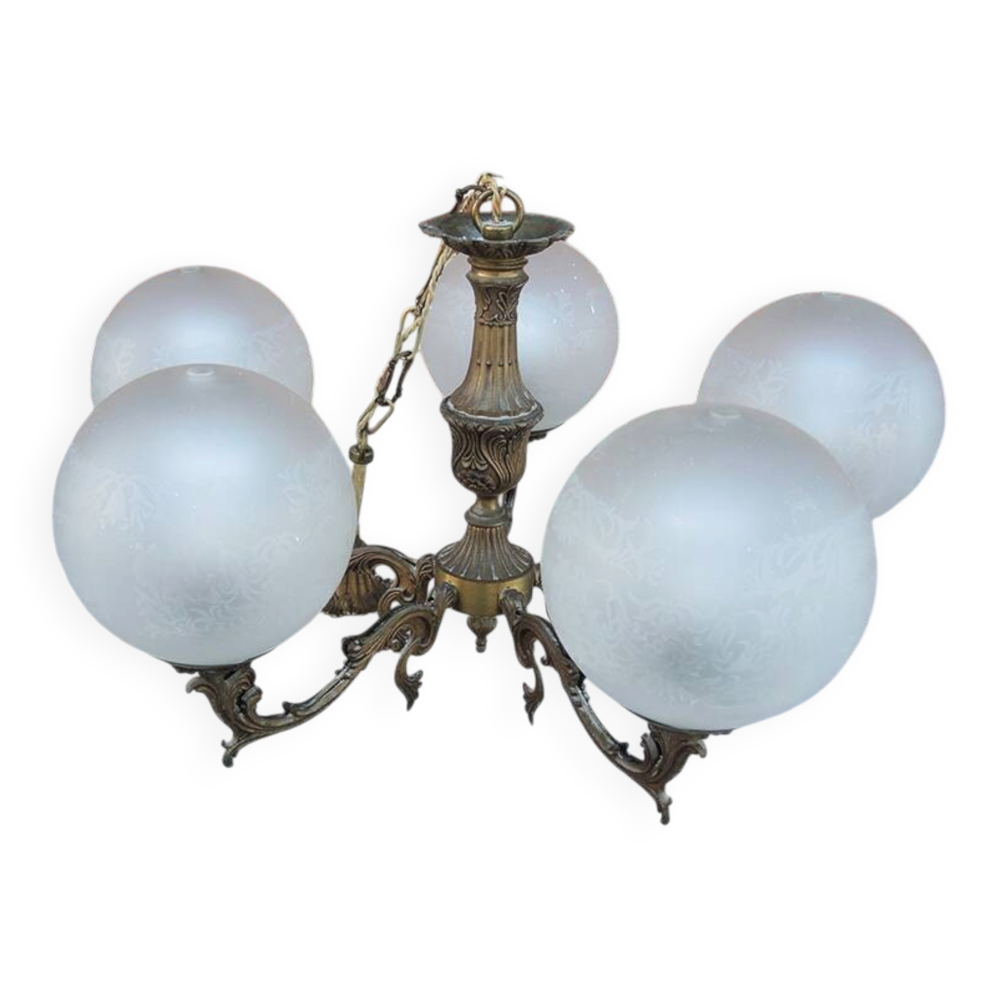 Antique brass chandelier with 5 globes in Napoléon III style.