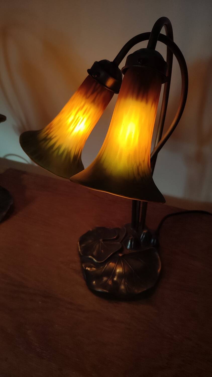 Deux lampes nénuphar en laiton et verre
