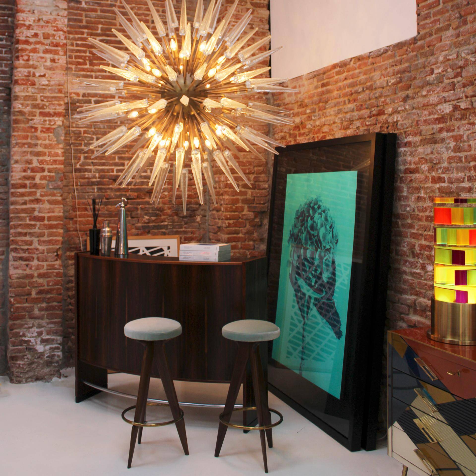 Mid Century Style Sputnik Lamp, Murano Glass and Brass Italian Chandelier