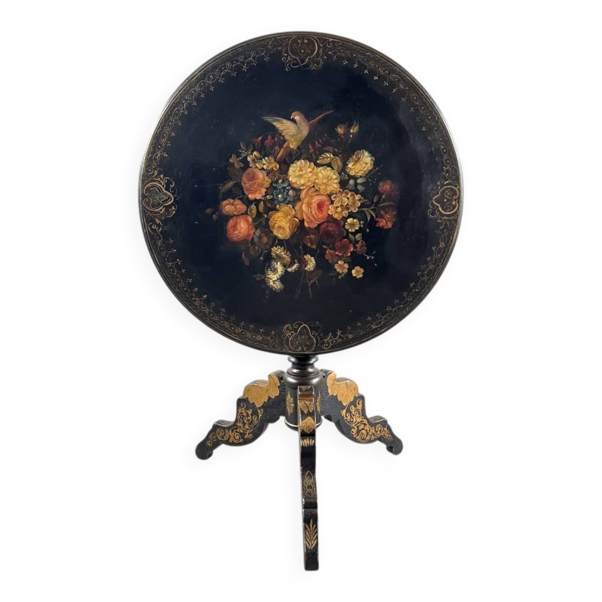 Napoleon III guéridon table in black lacquered wood with floral painted decoration, 19th century.