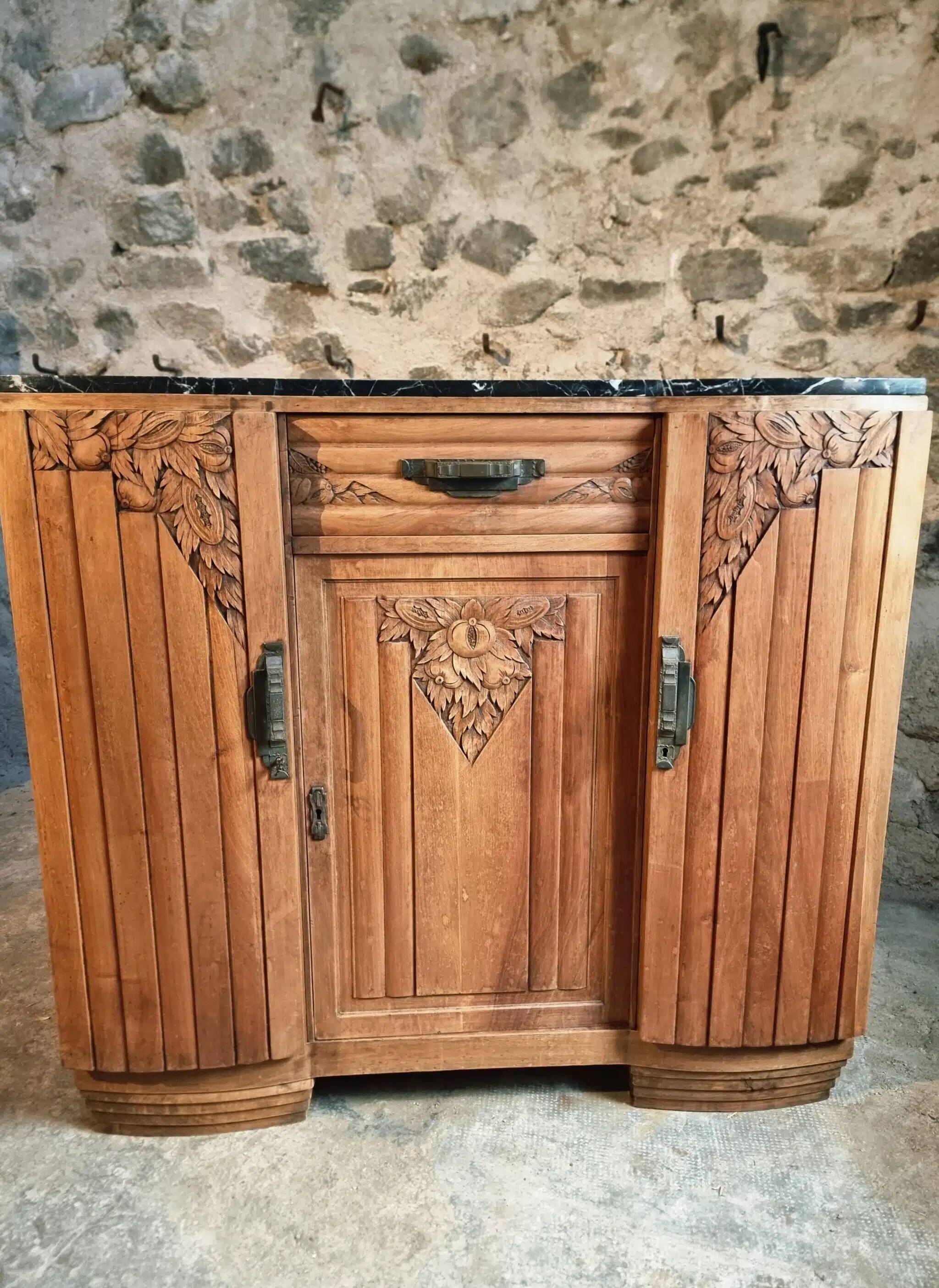 French Art Deco walnut sideboard with marble top, 1920s