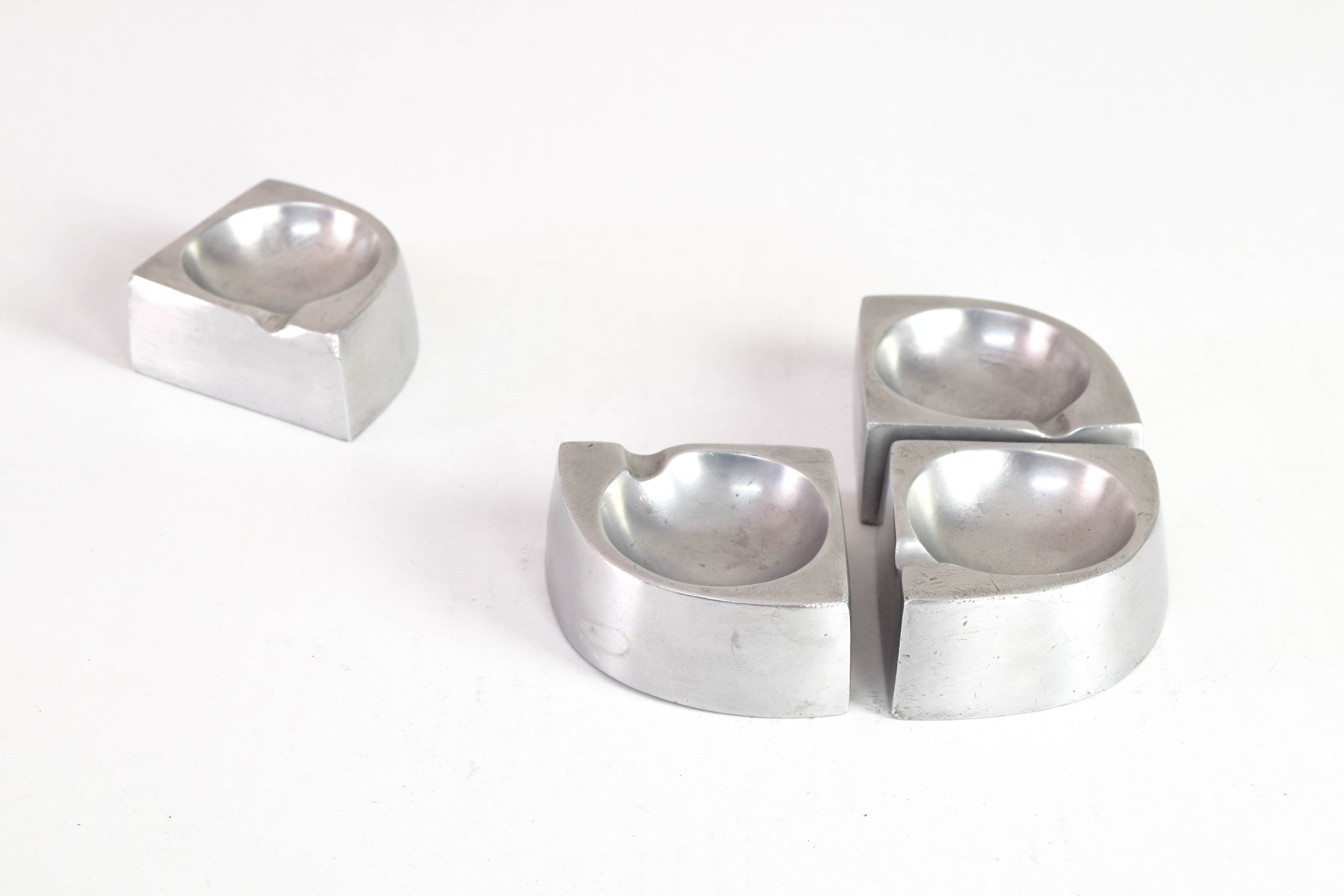 Mid Century Scandinavian Modern Handcrafted Aluminum Four Piece Ashtray, 1960