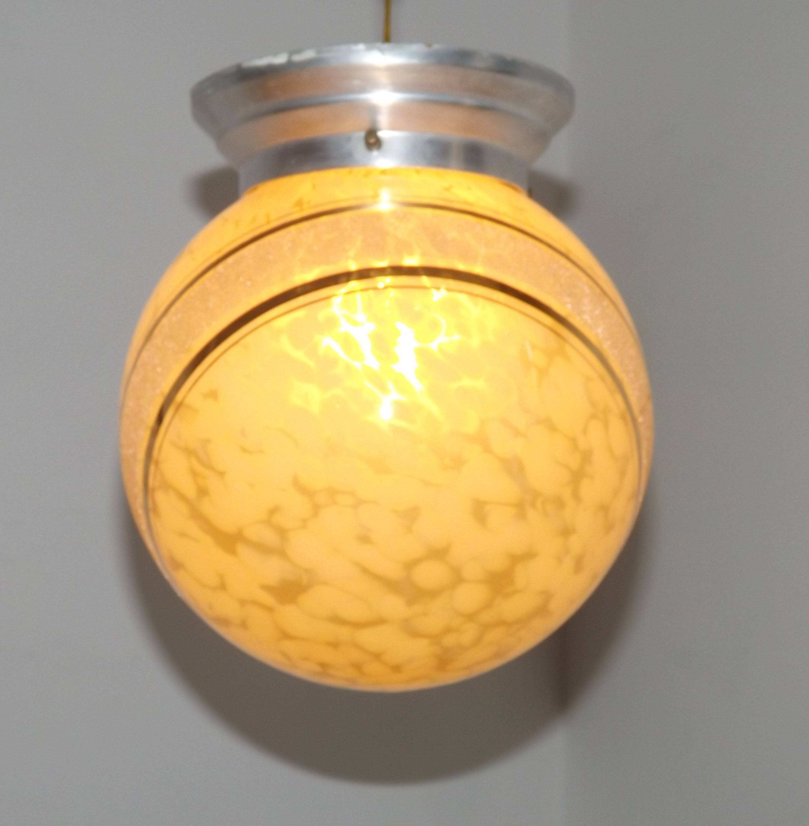 French Art Deco Ceiling Light Yellow & Gold Clichy Shade Metal Fitting 5464