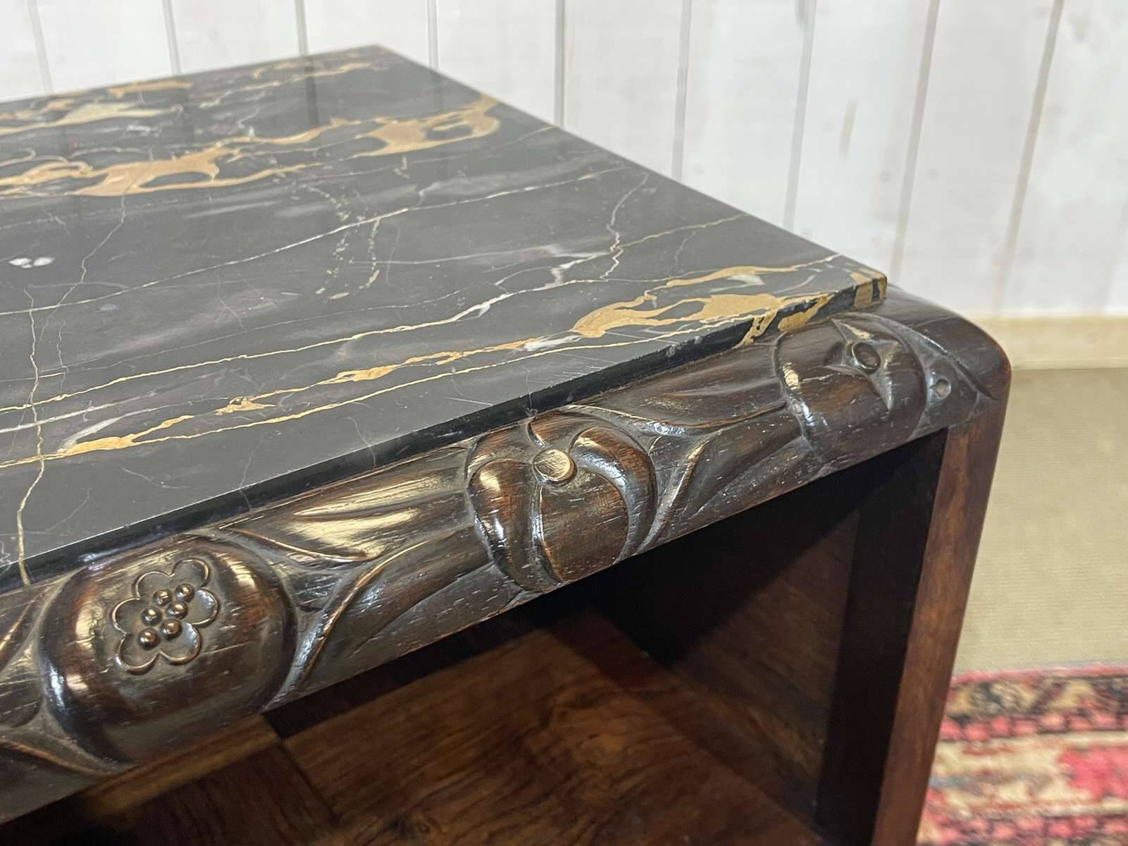 Art Deco bedside table in rosewood, walnut burl, and marble top.