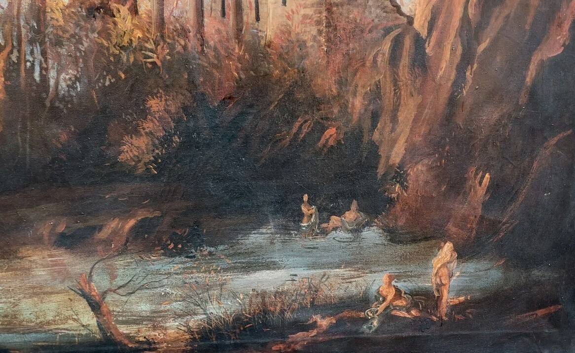 Old oil painting on canvas landscape with ruins and figures 121x98 cm