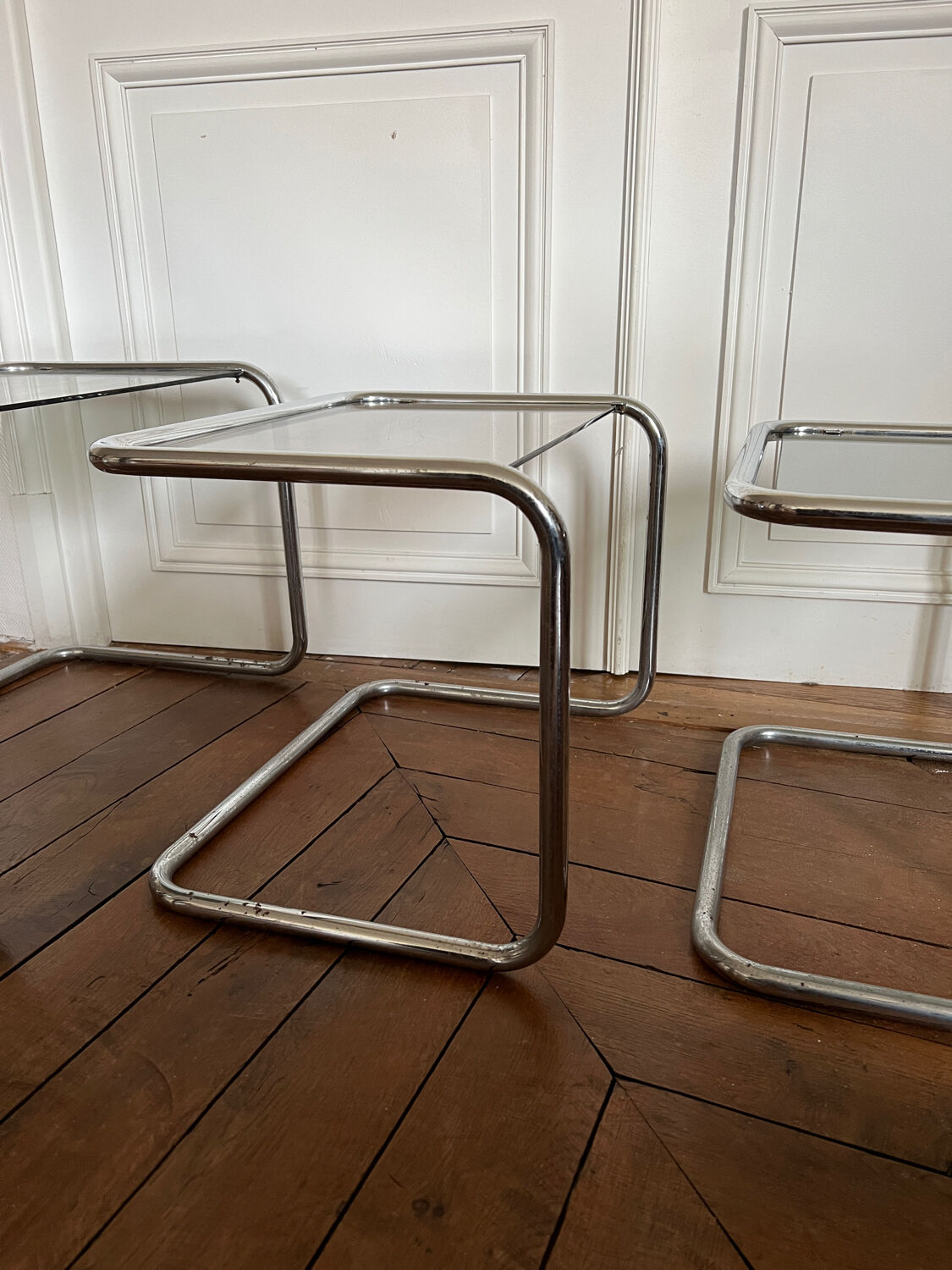 Nesting tables metal and smoked glass 70s