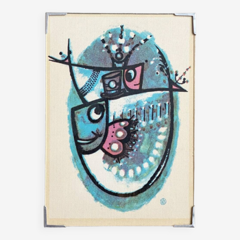 Signed Lars Nyman textile art wall hanging with fish, Mid Century wall decoration