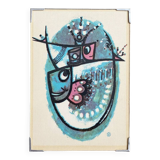 Signed Lars Nyman textile art wall hanging with fish, Mid Century wall decoration