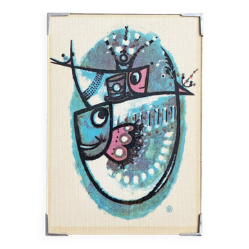 Signed Lars Nyman textile art wall hanging with fish, Mid Century wall decoration